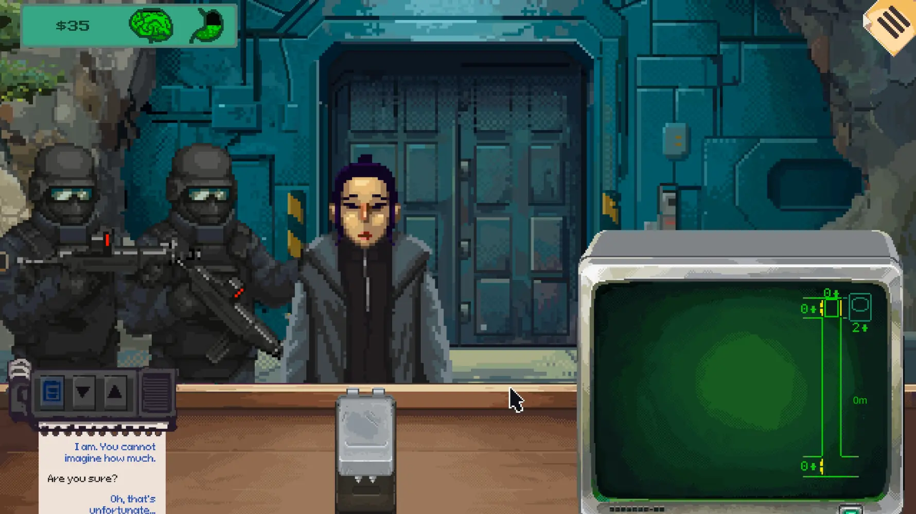 Security 51 elevator checkpoint with an arriving visitor and armed facility personnel