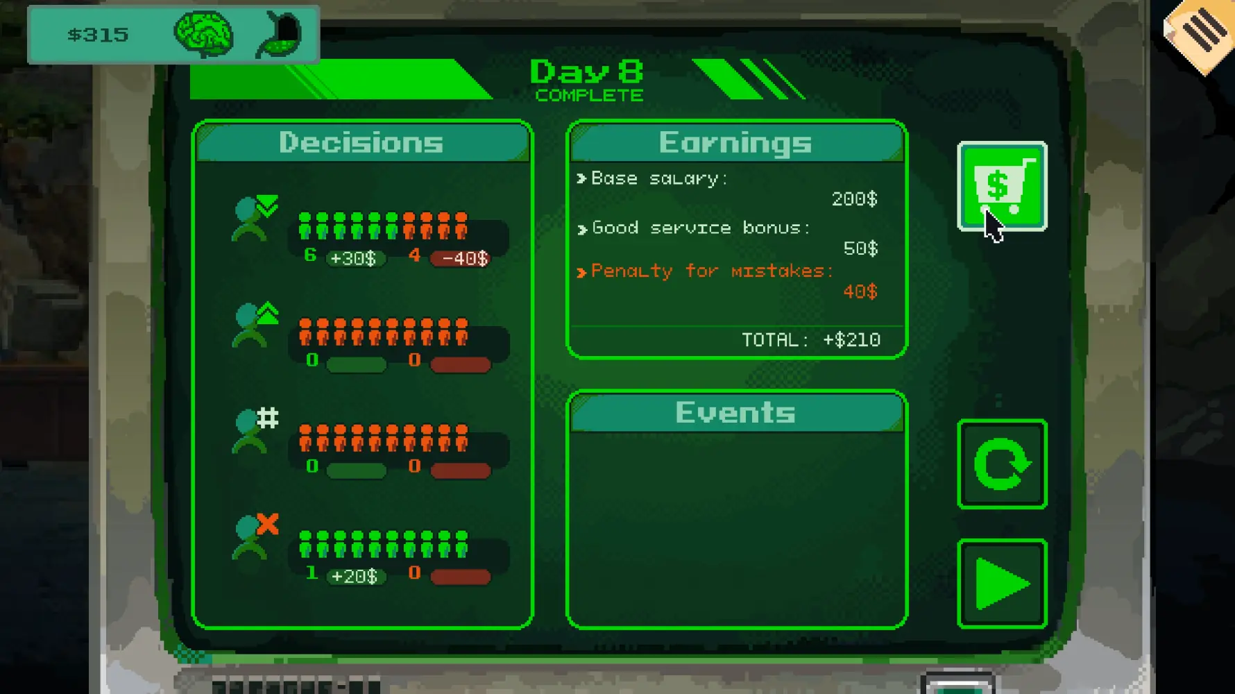 Security 51 end-of-day terminal showing decisions, earnings, and recorded events
